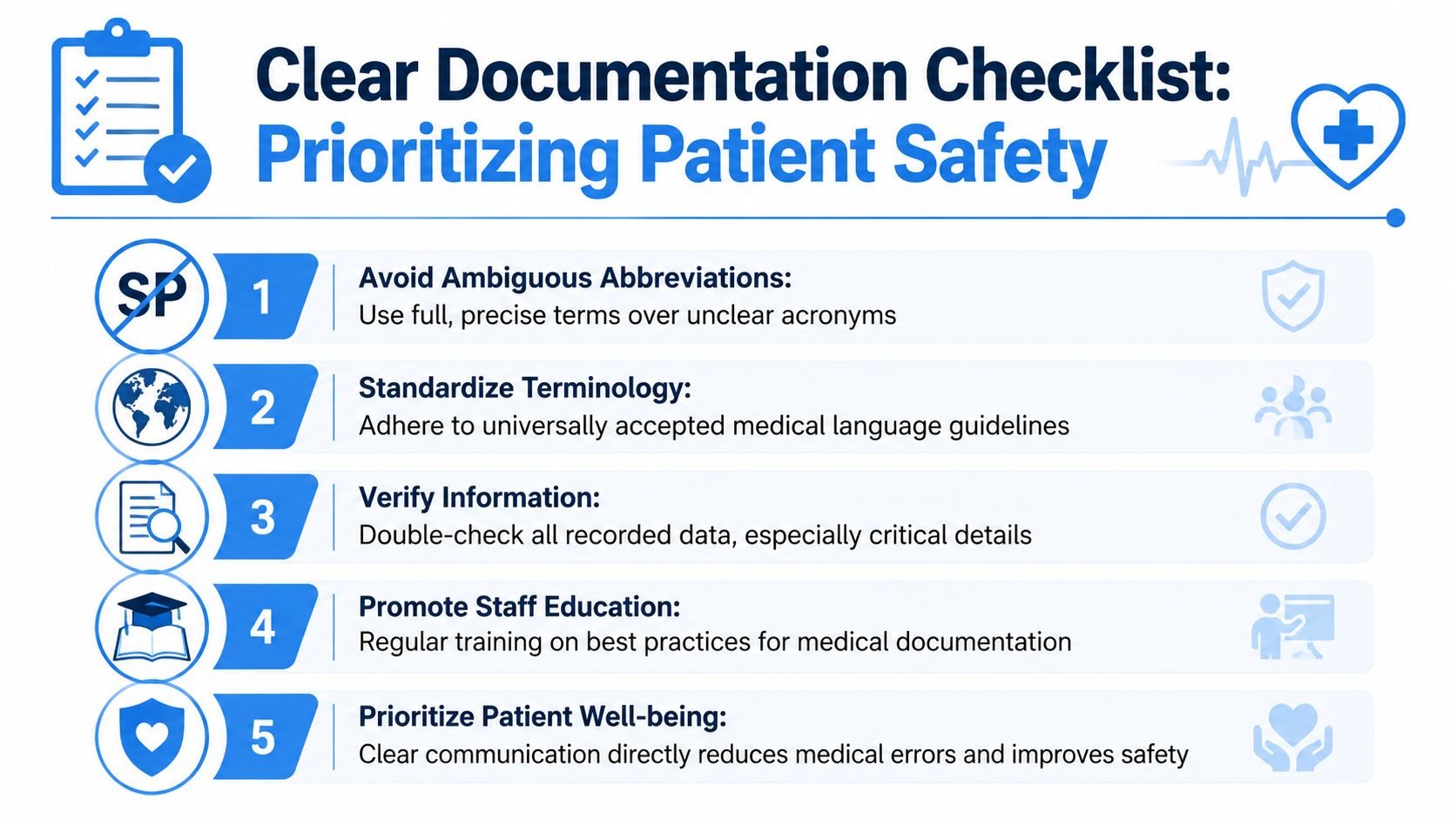 A 5-point medical documentation checklist infographic emphasizing patient safety and clear communication standards in healthcare settings.