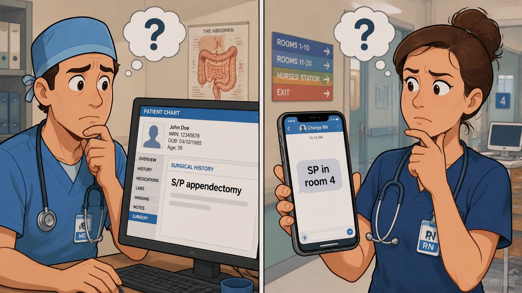 A doctor and a nurse looking confused at the abbreviation SP in a medical setting.