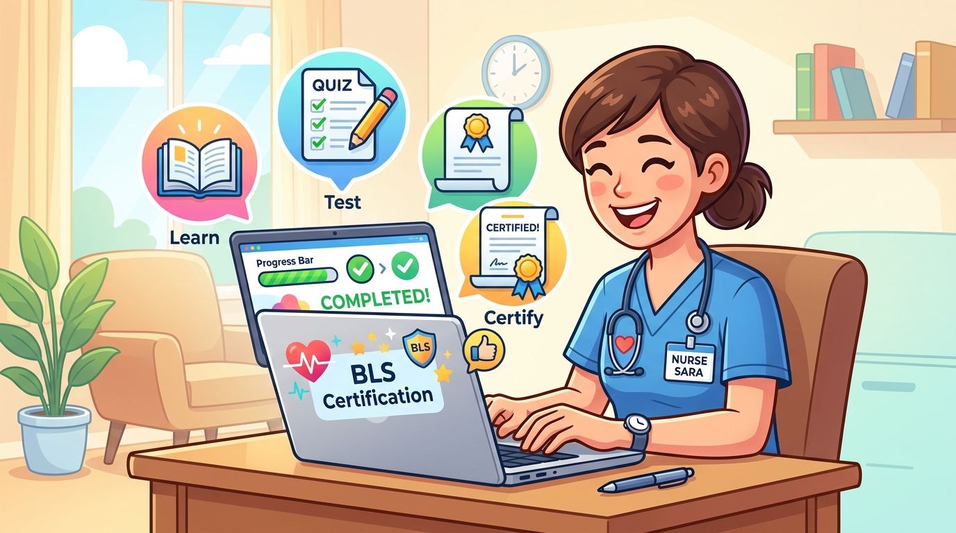 A happy nurse in scrubs completing an online BLS certification course on a laptop computer.