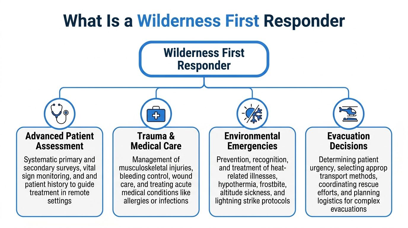 A diagram outlining the key responsibilities of a Wilderness First Responder in outdoor emergency medical situations.