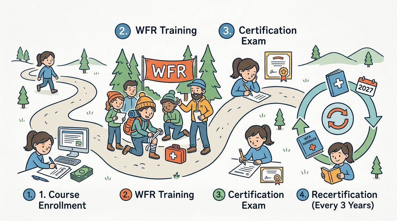 An illustrated step-by-step guide showing the process of wilderness first responder training, certification, and recertification.