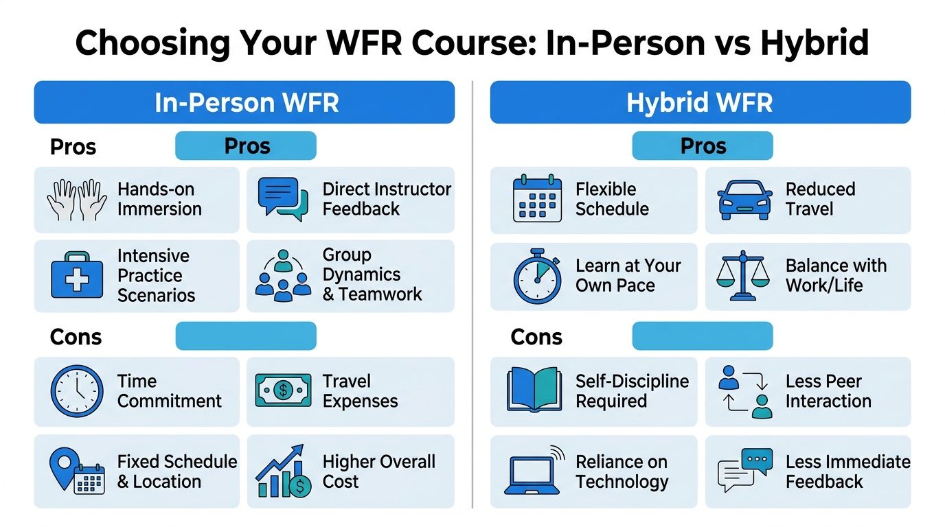 A comparison chart outlining the pros and cons of in-person versus hybrid Wilderness First Responder courses.