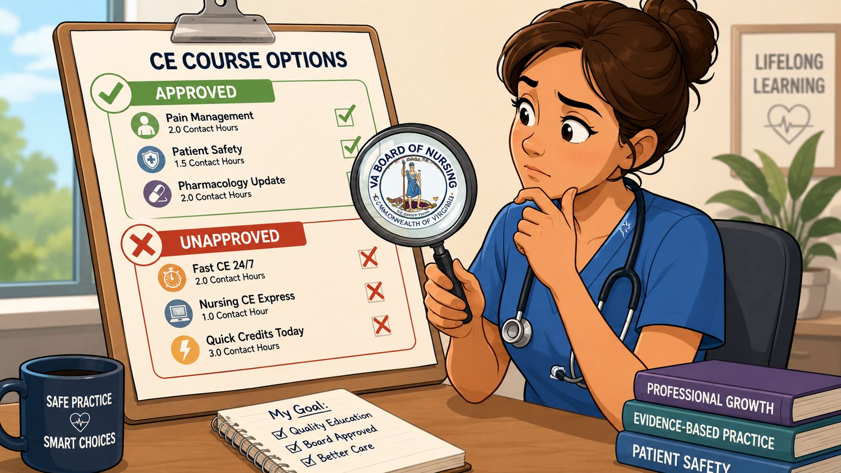 A nurse examines a list of Virginia Board of Nursing approved continuing education courses with a magnifying glass.
