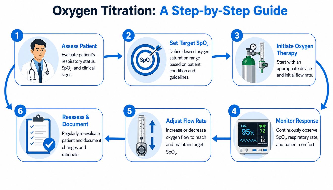 A six-step infographic illustrating the clinical process for oxygen titration and respiratory therapy patient management.