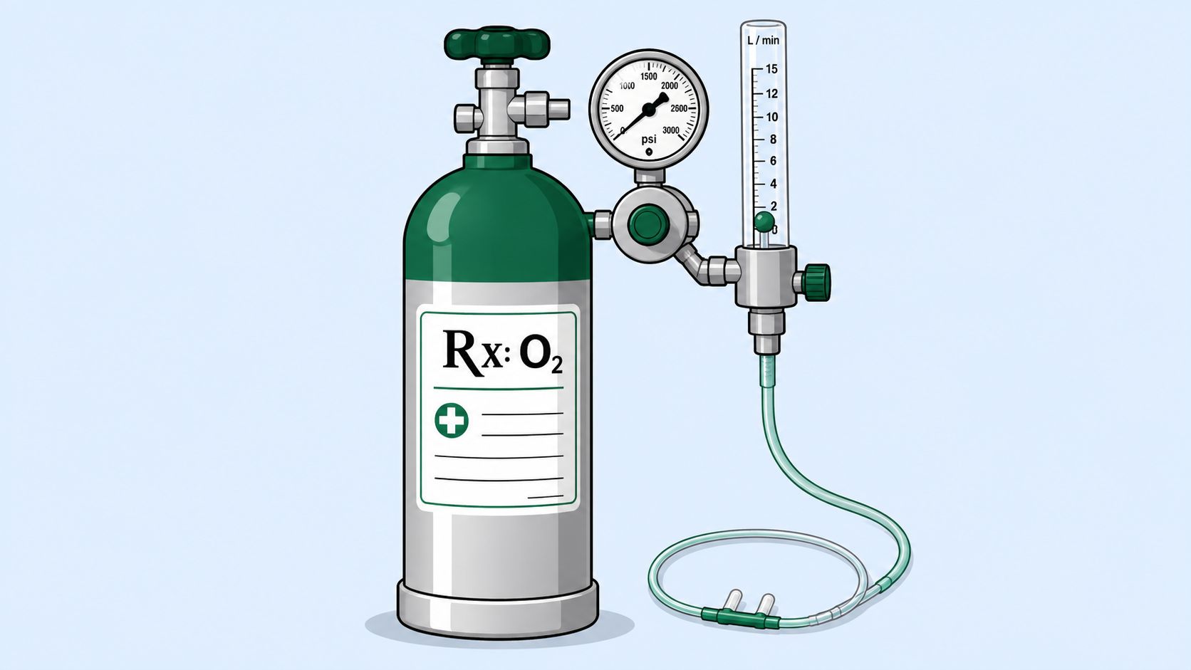 A green medical oxygen tank with a pressure gauge and flow meter connected to a nasal cannula.