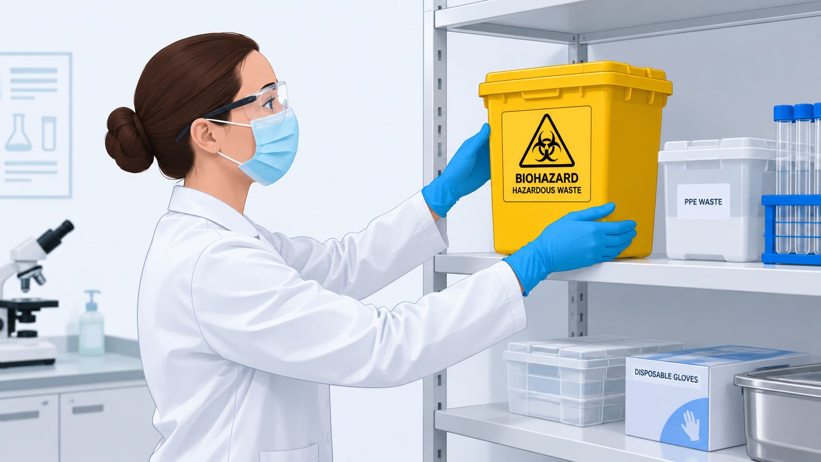 A lab technician wearing personal protective equipment carefully handles a yellow biohazard waste container on a shelf.
