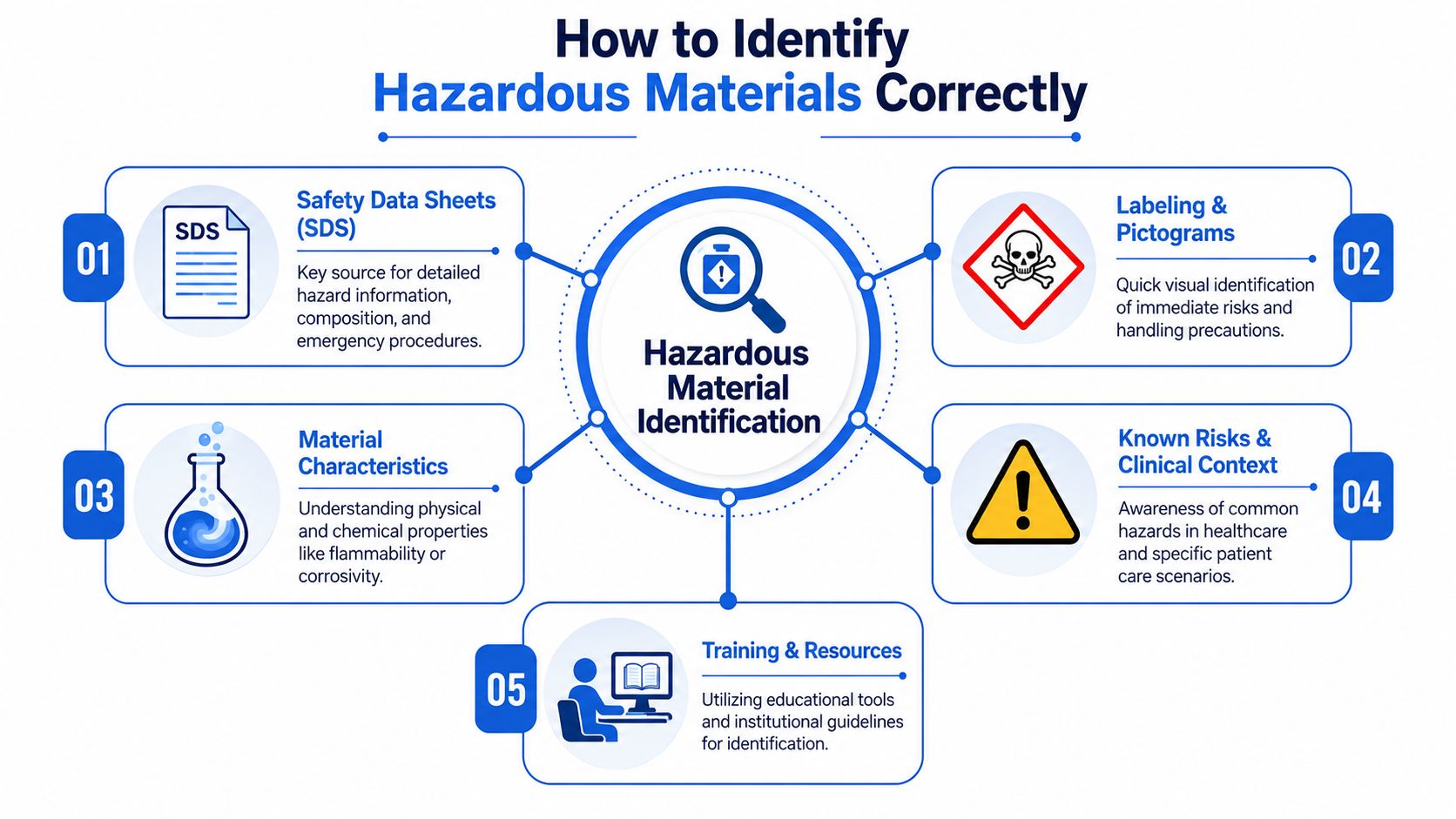 An infographic detailing five effective methods for identifying hazardous materials in a clinical or industrial setting.