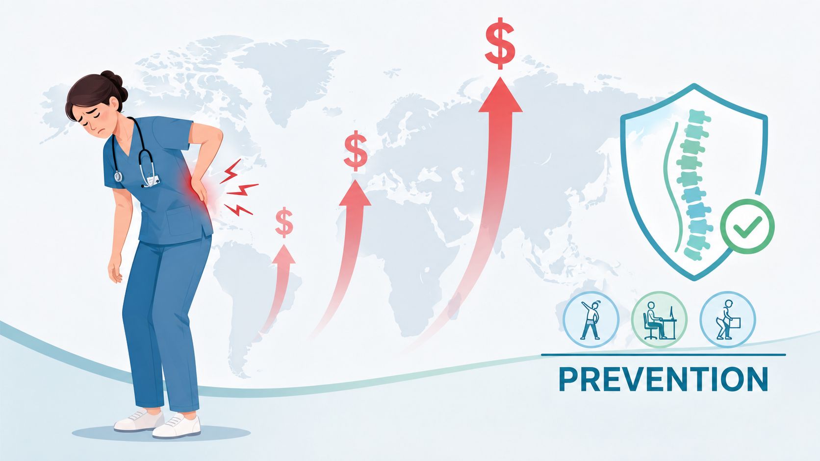 A healthcare worker suffering from back pain, illustrating the rising financial costs and importance of injury prevention.