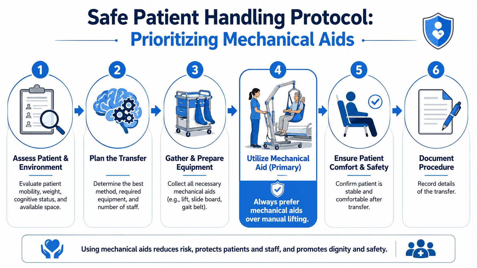 A six-step infographic illustrating the safe patient handling protocol, emphasizing the use of mechanical lifting aids.