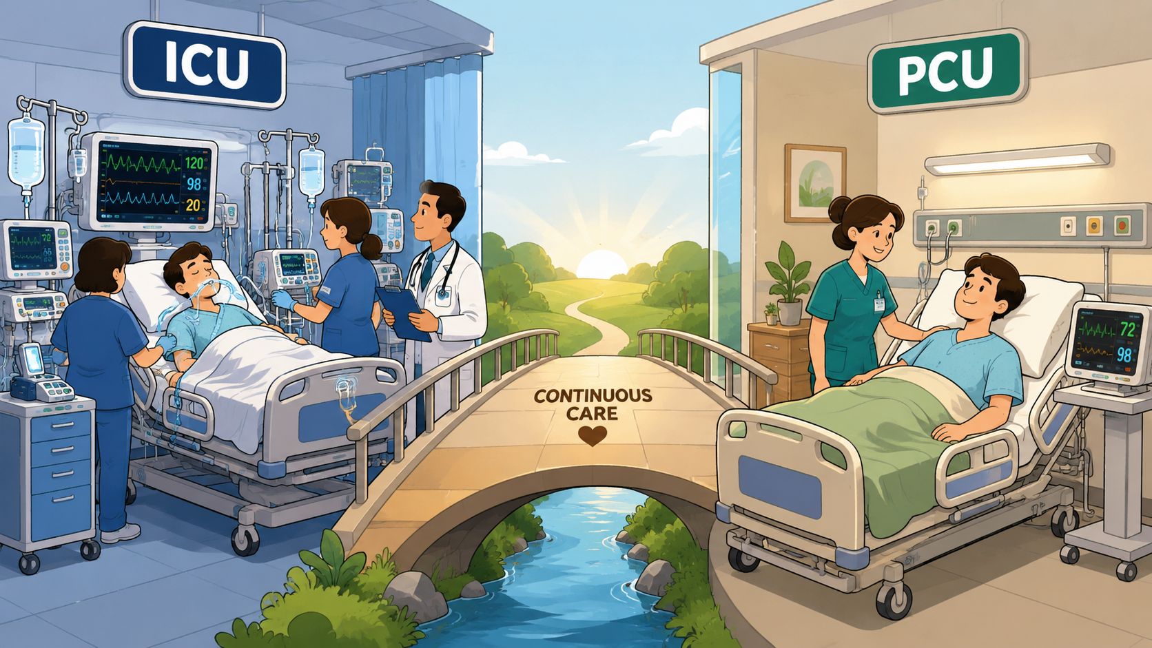 A split illustration showing an ICU patient transitioning to a PCU unit for continuous medical care.