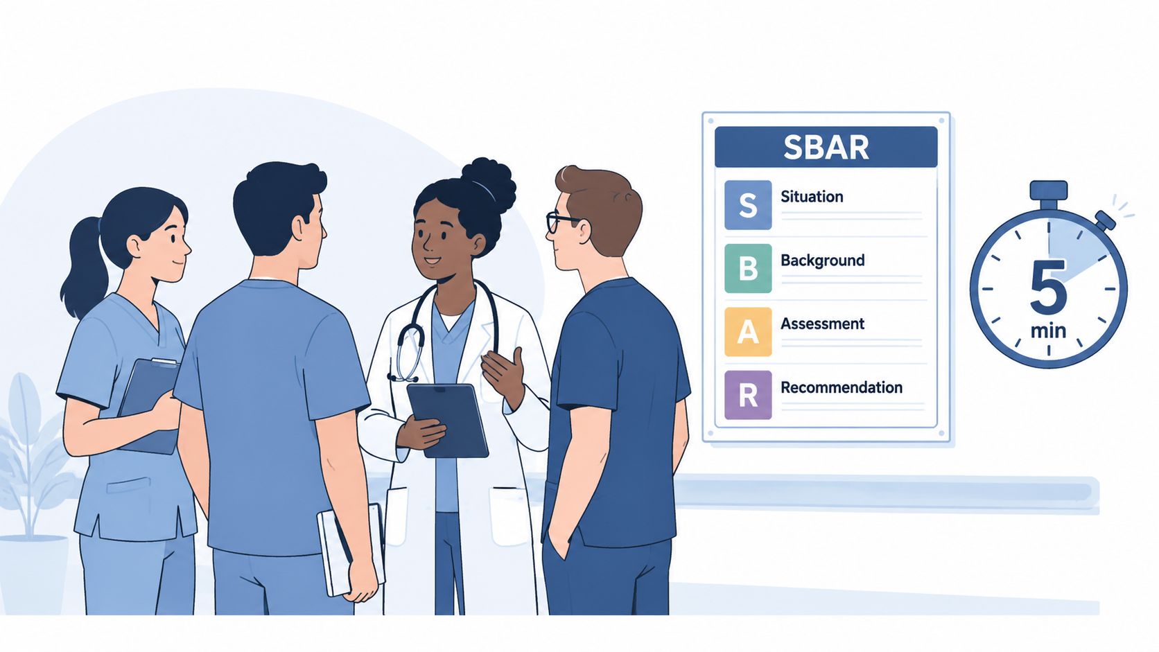 A diverse medical team gathers for a brief collaborative meeting to discuss patient care using the SBAR framework.