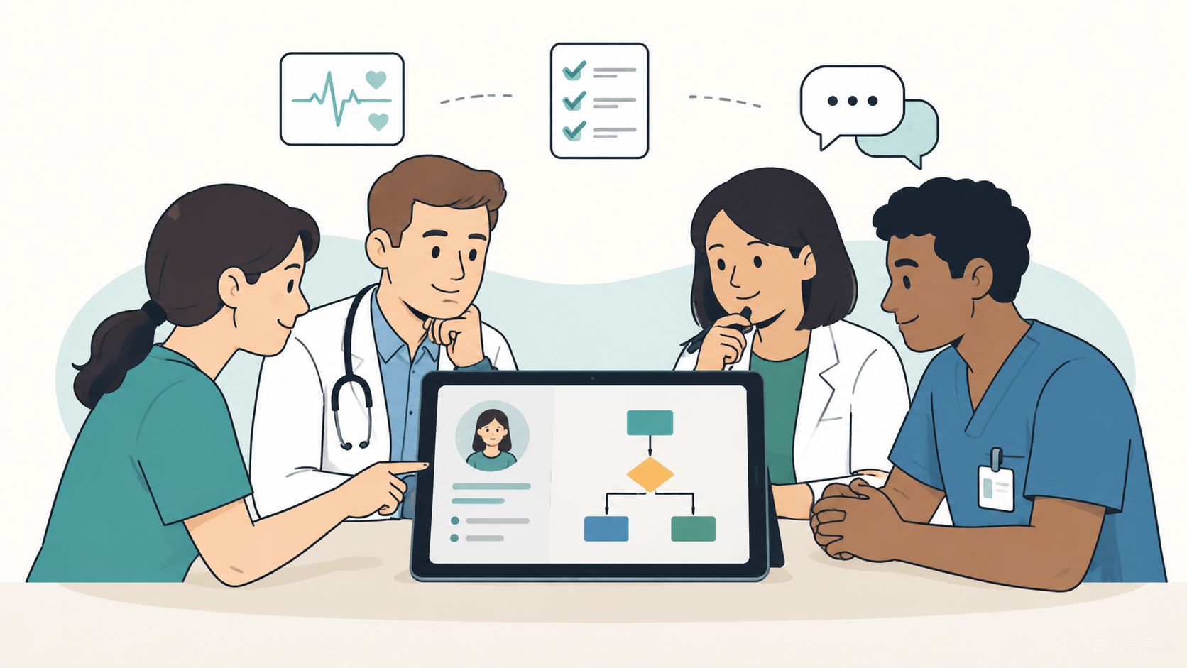 A diverse medical team collaborating while looking at a patient's information and flowchart on a tablet screen.