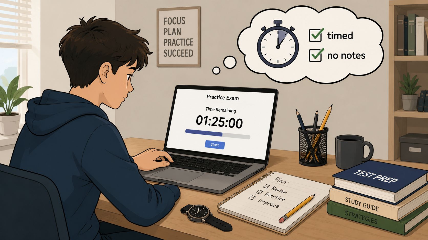 A student focused on a laptop screen displaying a practice exam with a countdown timer at home.