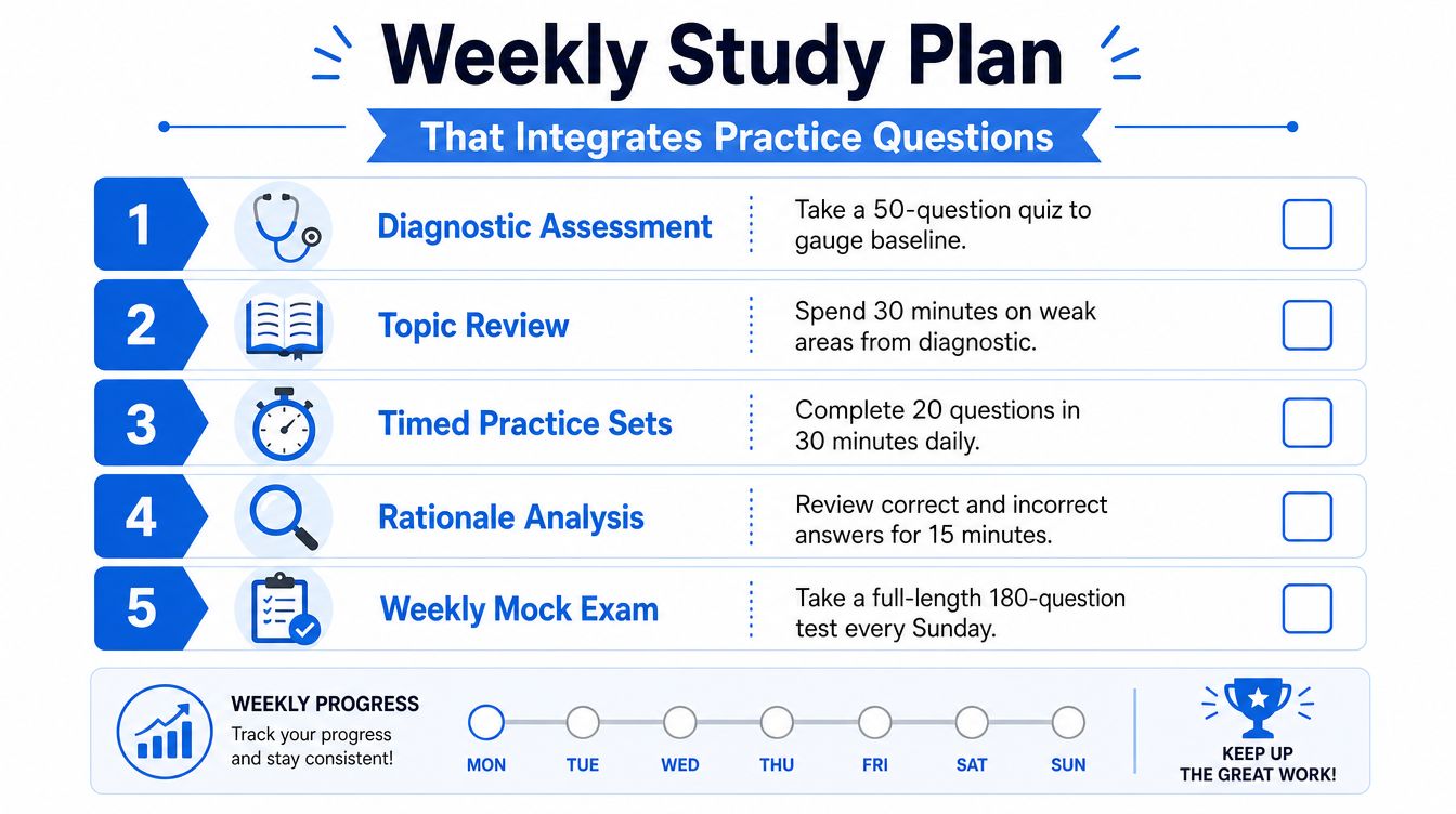 A structured five-step weekly study plan infographic designed for students preparing for exams with practice questions.