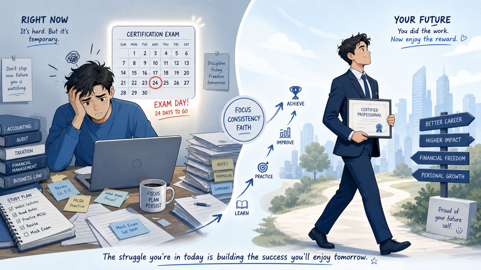 A split image showing a student studying hard for an exam and their future successful professional self.