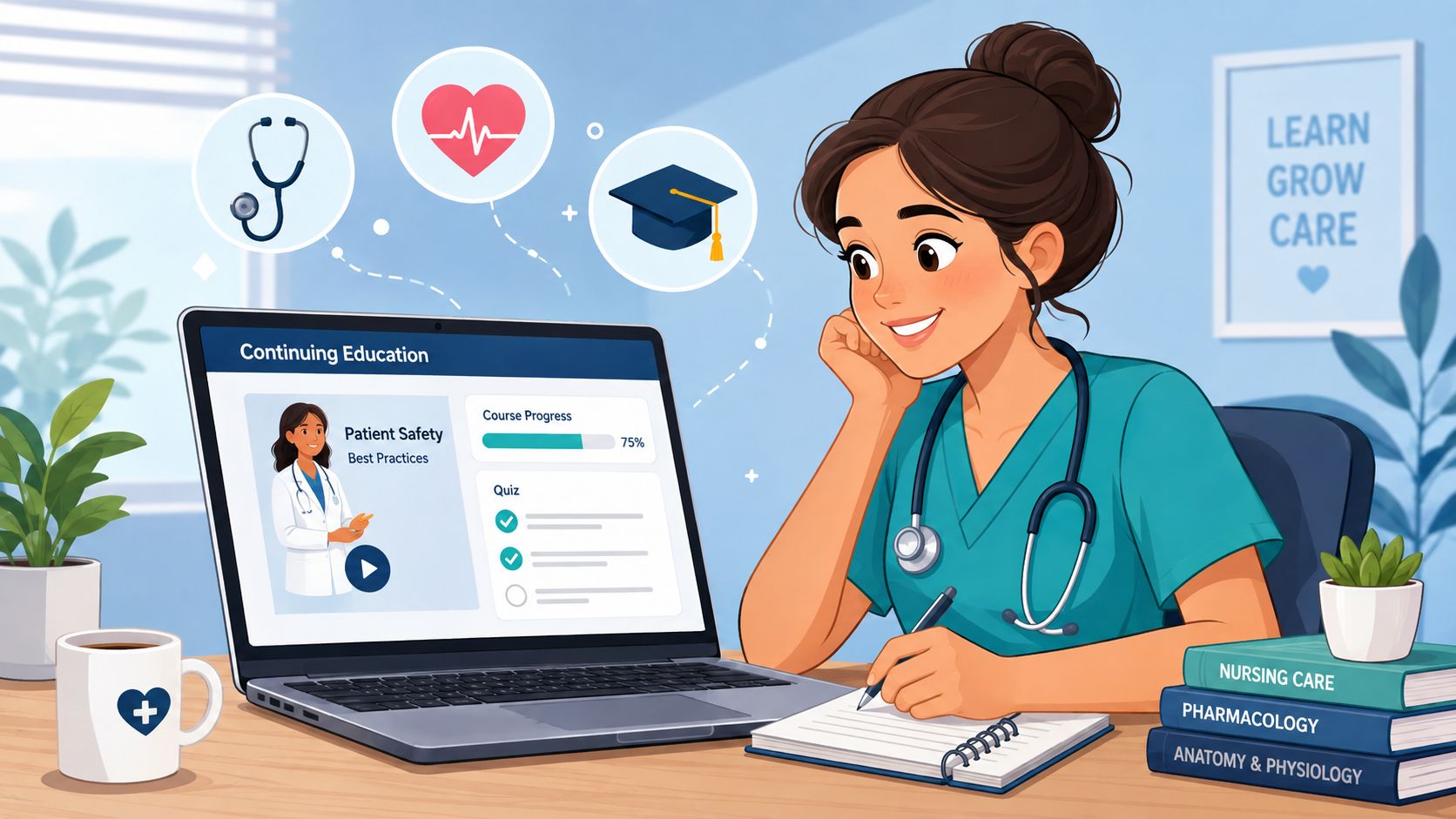 A smiling nurse wearing scrubs studies on her laptop using an interactive online continuing education platform.