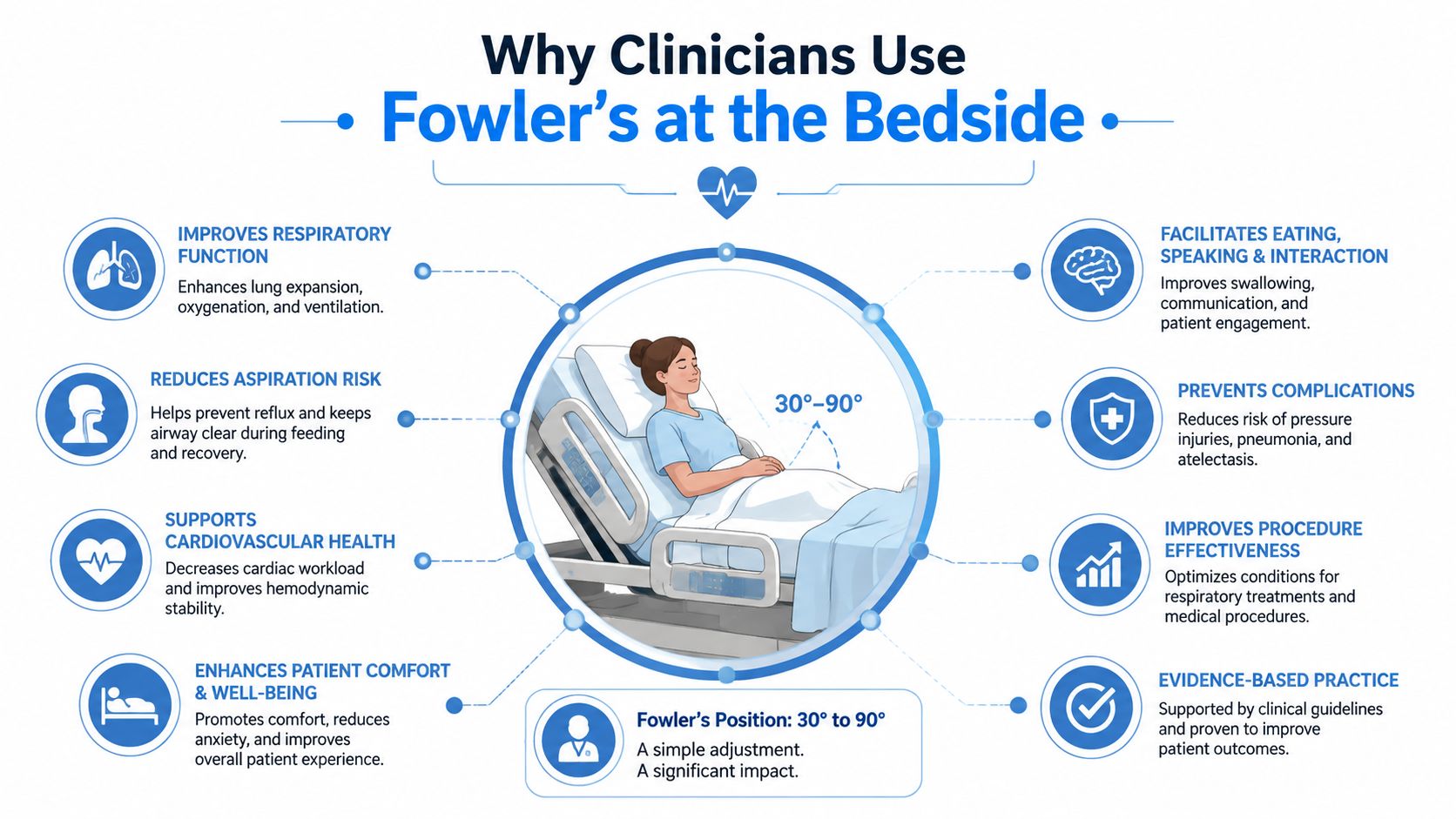 An infographic detailing the benefits of using Fowler's position at 30 to 90 degrees for patient care.