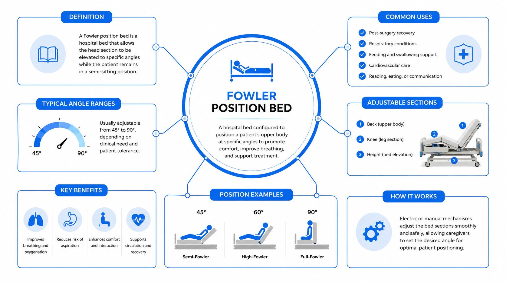 An infographic showing the definition, uses, angles, and benefits of using a Fowler position hospital bed.