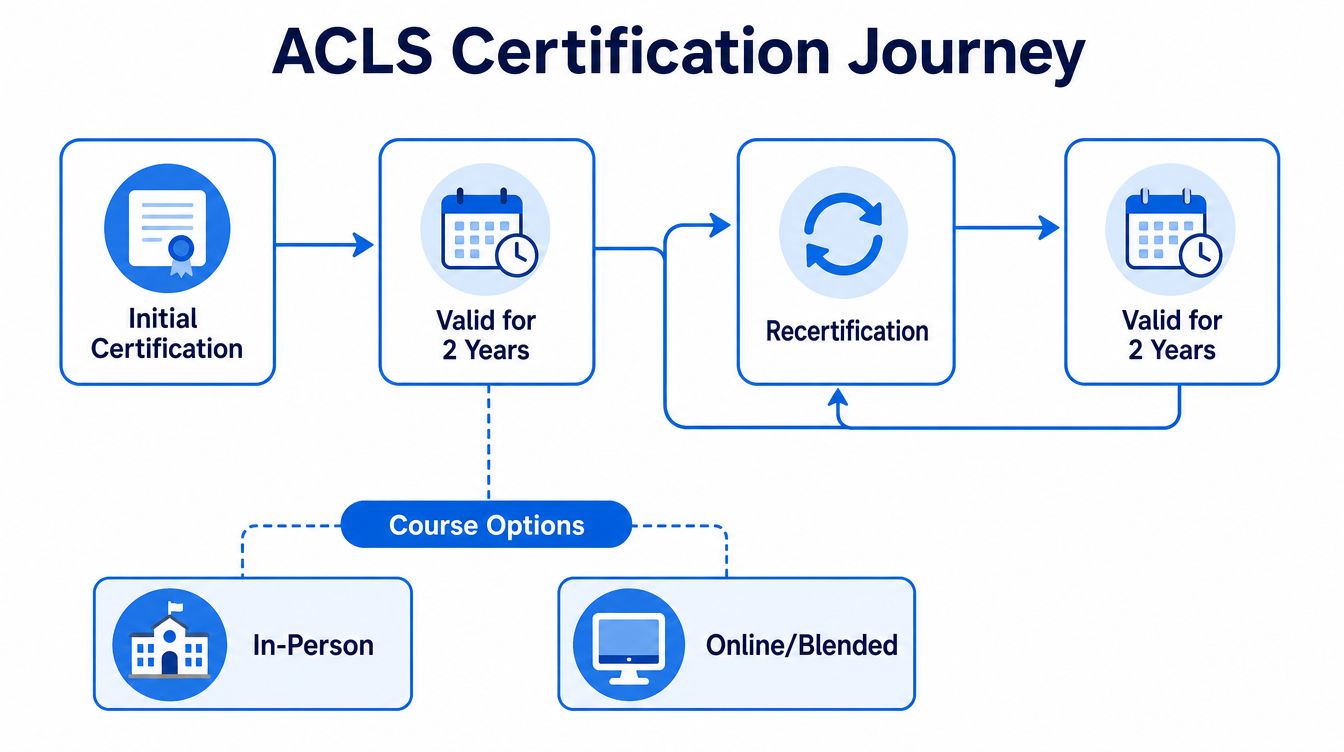 A flow chart illustrating the ACLS certification journey, showing initial certification, recertification, and available course options.