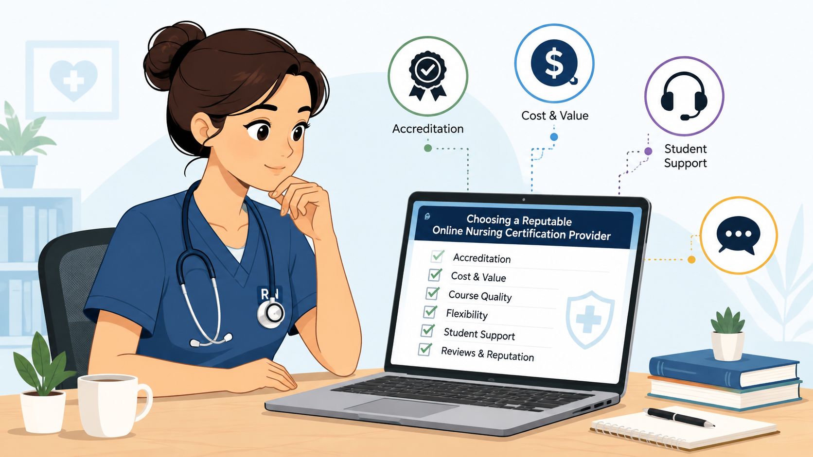 A female nurse wearing scrubs and a stethoscope looks at a laptop displaying online nursing certification criteria.