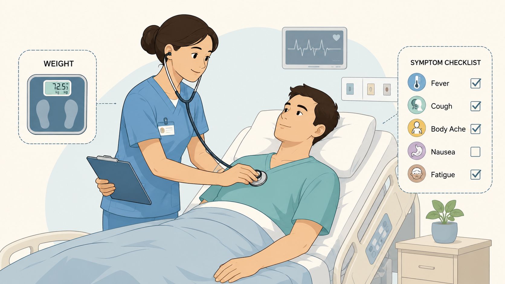 A nurse using a stethoscope to examine a patient lying in a hospital bed with a symptom checklist.
