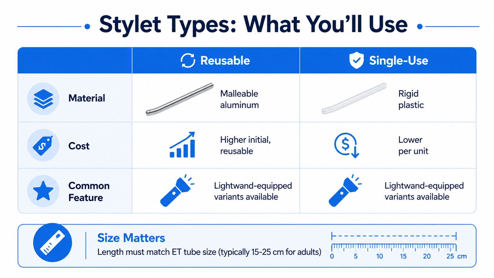 A comparative infographic showing the differences between reusable aluminum and single-use plastic medical intubation stylets.