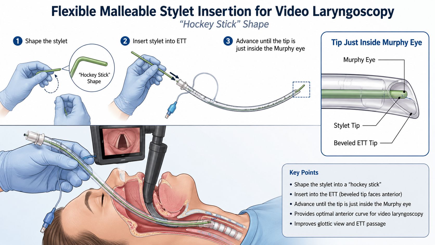 A step-by-step instructional illustration showing how to shape and insert a stylet into an endotracheal tube.