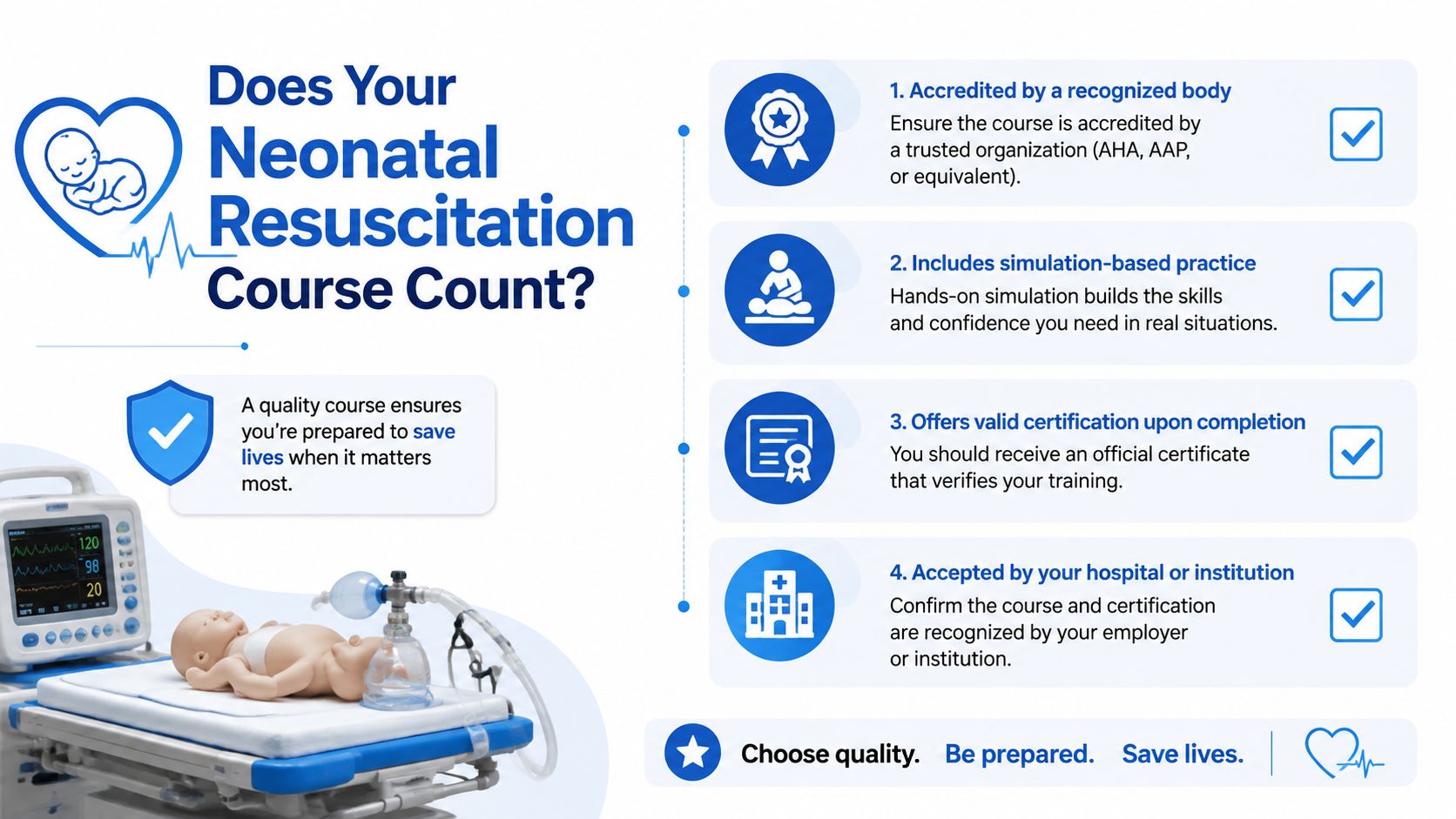 An infographic detailing four essential criteria to look for when choosing a neonatal resuscitation training course.