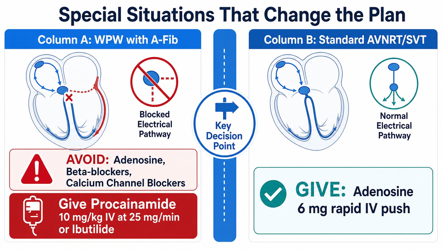 A medical infographic comparing treatment protocols for WPW syndrome with atrial fibrillation and standard AVNRT or SVT.