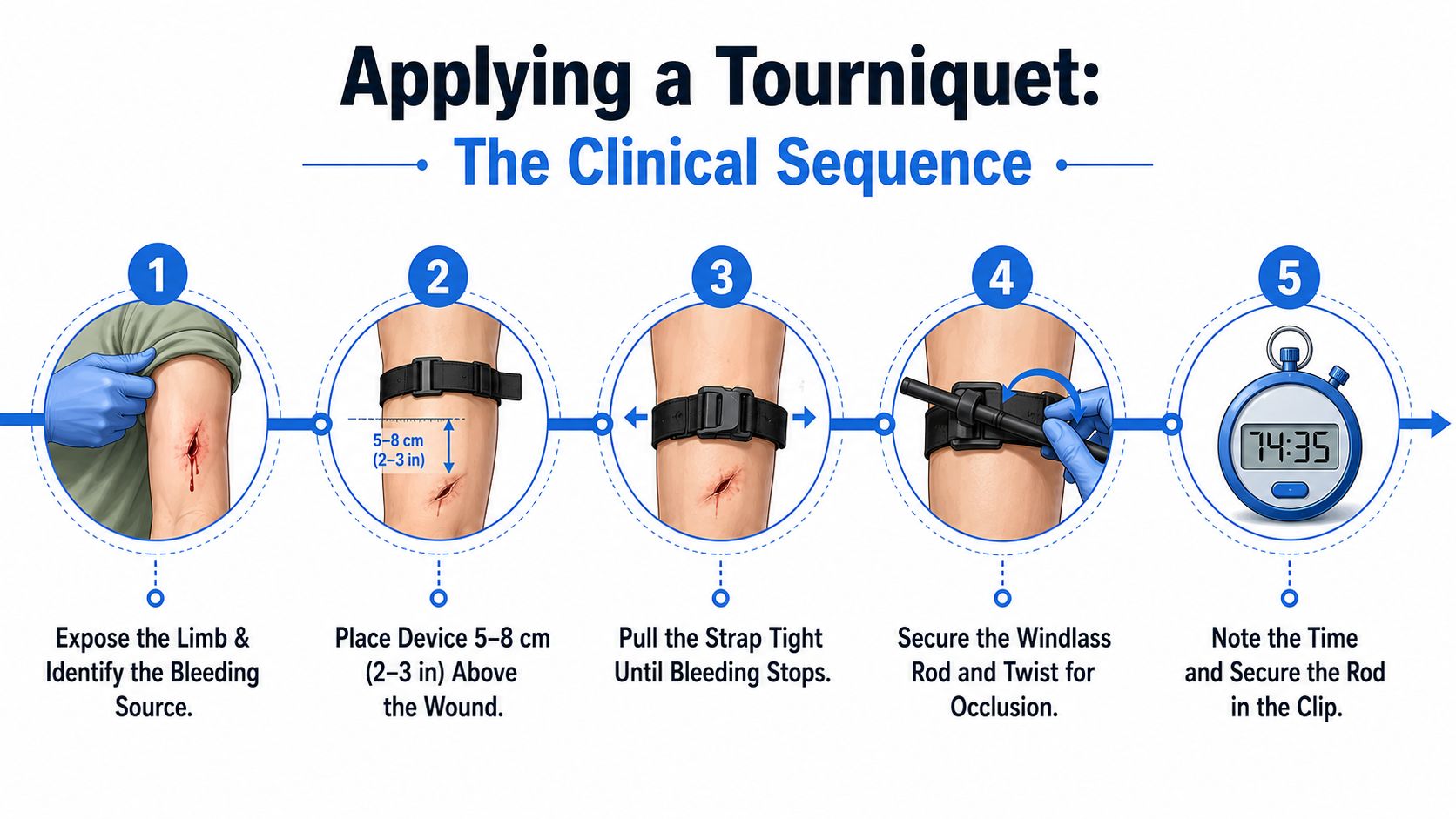 An infographic illustrating the five-step clinical sequence for correctly applying a medical tourniquet to a limb.