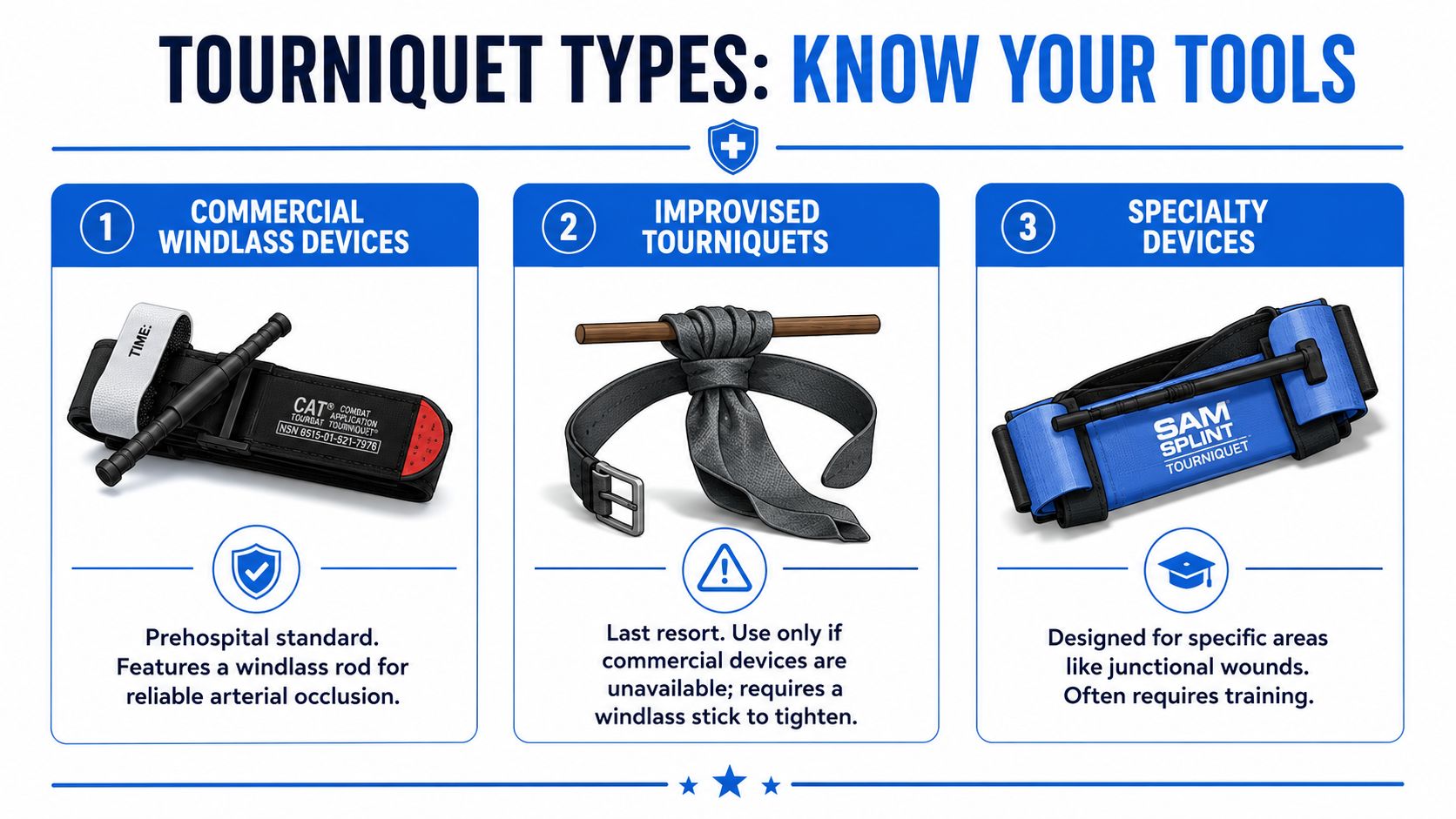 A graphic illustration detailing three different types of tourniquets: commercial, improvised, and specialty junctional tourniquet devices.
