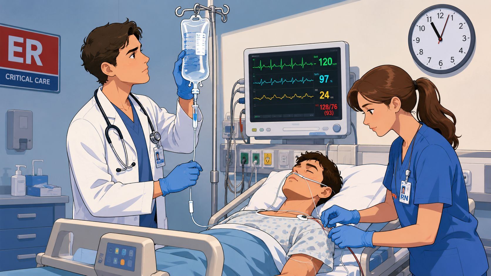 A doctor and a nurse provide urgent medical care to a patient in an emergency room hospital setting.