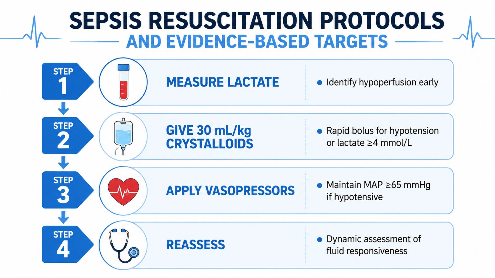 A diagram outlining the four-step sepsis resuscitation protocol including lactate measurement, crystalloid fluid administration, vasopressor application, and reassessment.