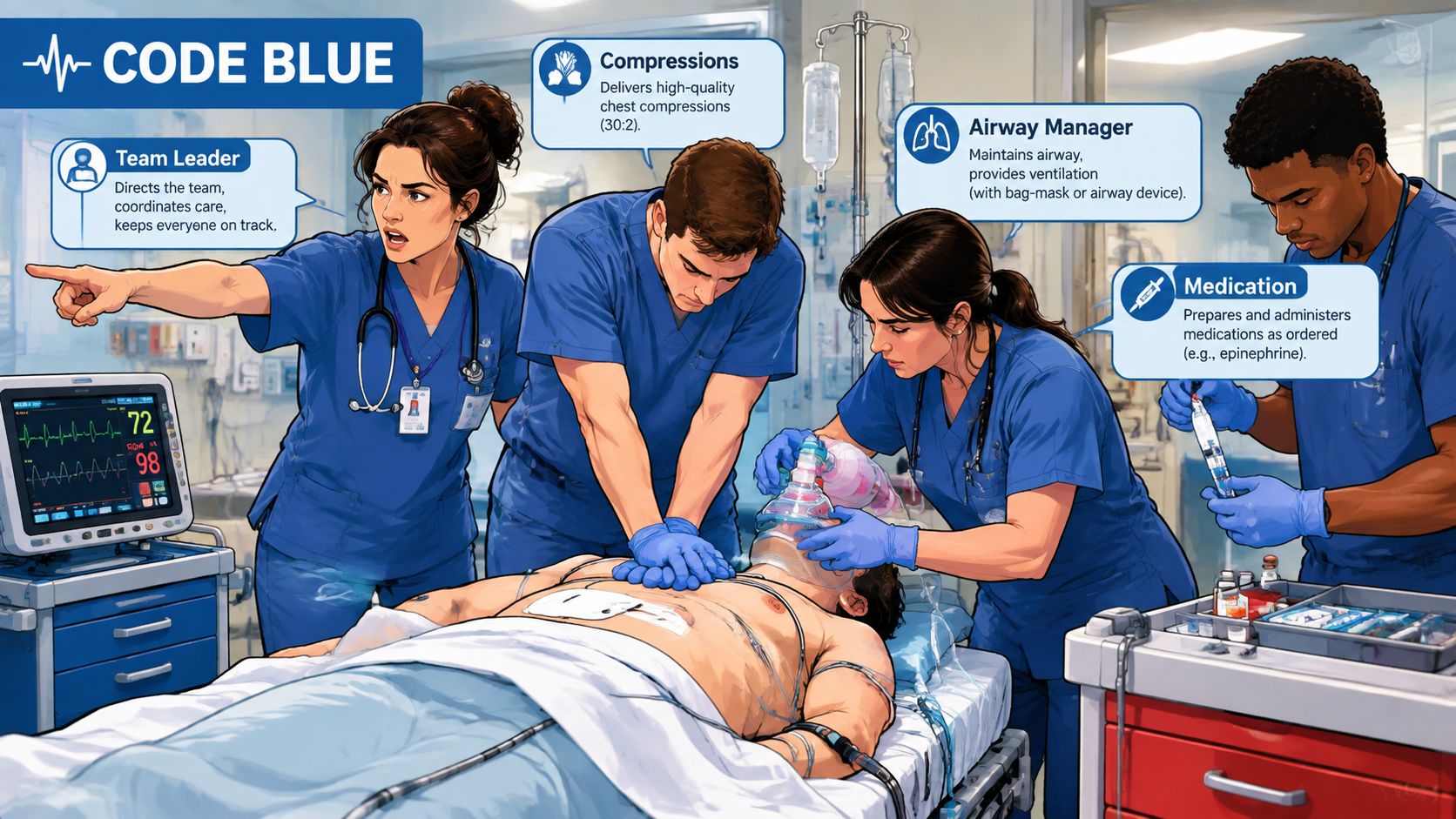 A professional medical team performing a code blue resuscitation procedure on a patient in a hospital setting.