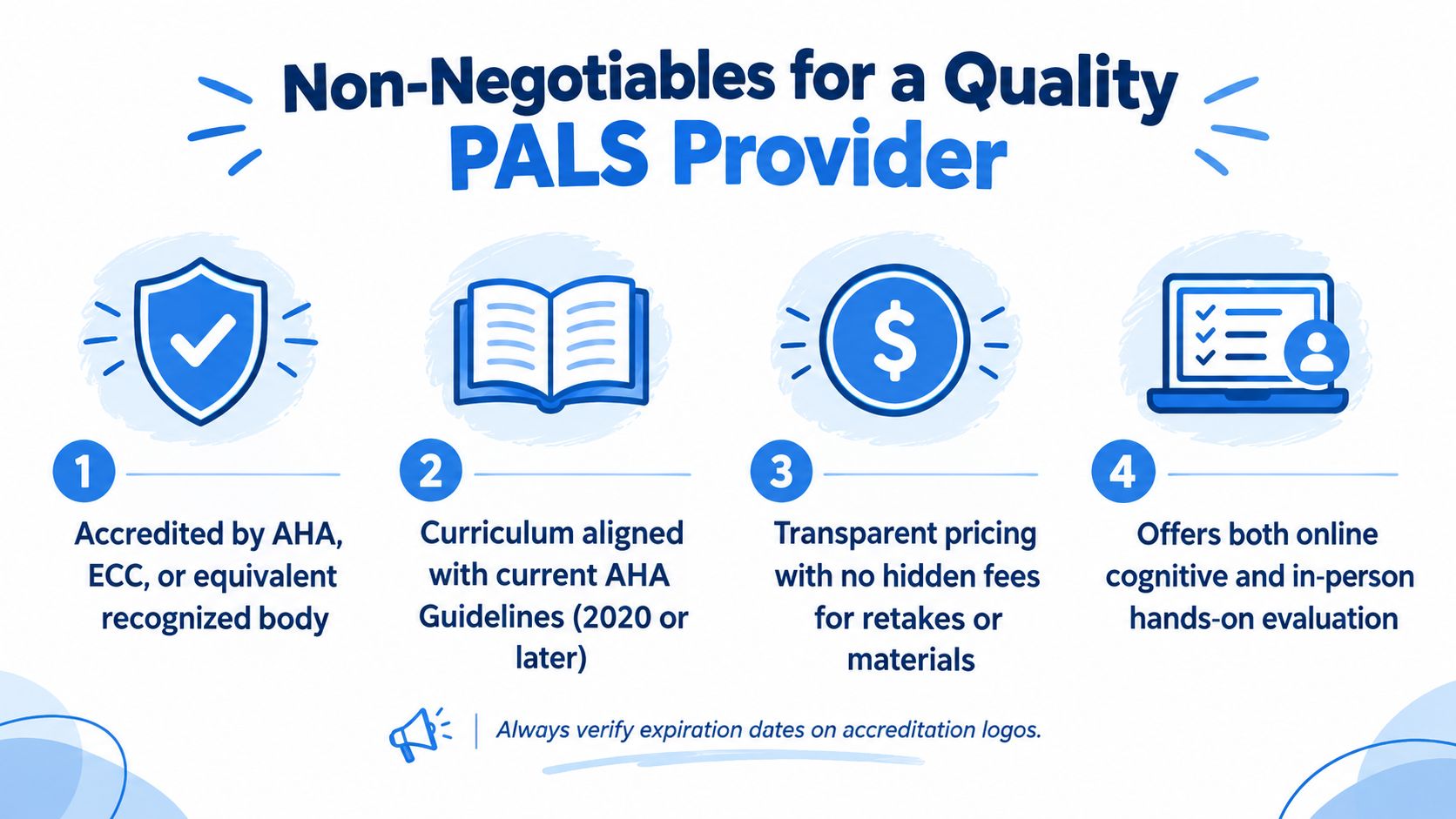 An infographic titled Non-Negotiables for a Quality PALS Provider, listing four essential criteria for selecting a training course.