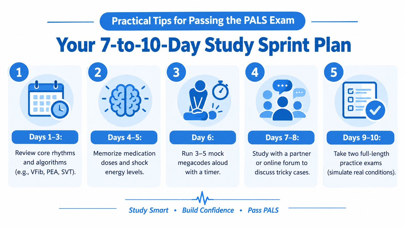 A 10-day study plan infographic providing practical tips for successfully passing the Pediatric Advanced Life Support examination.