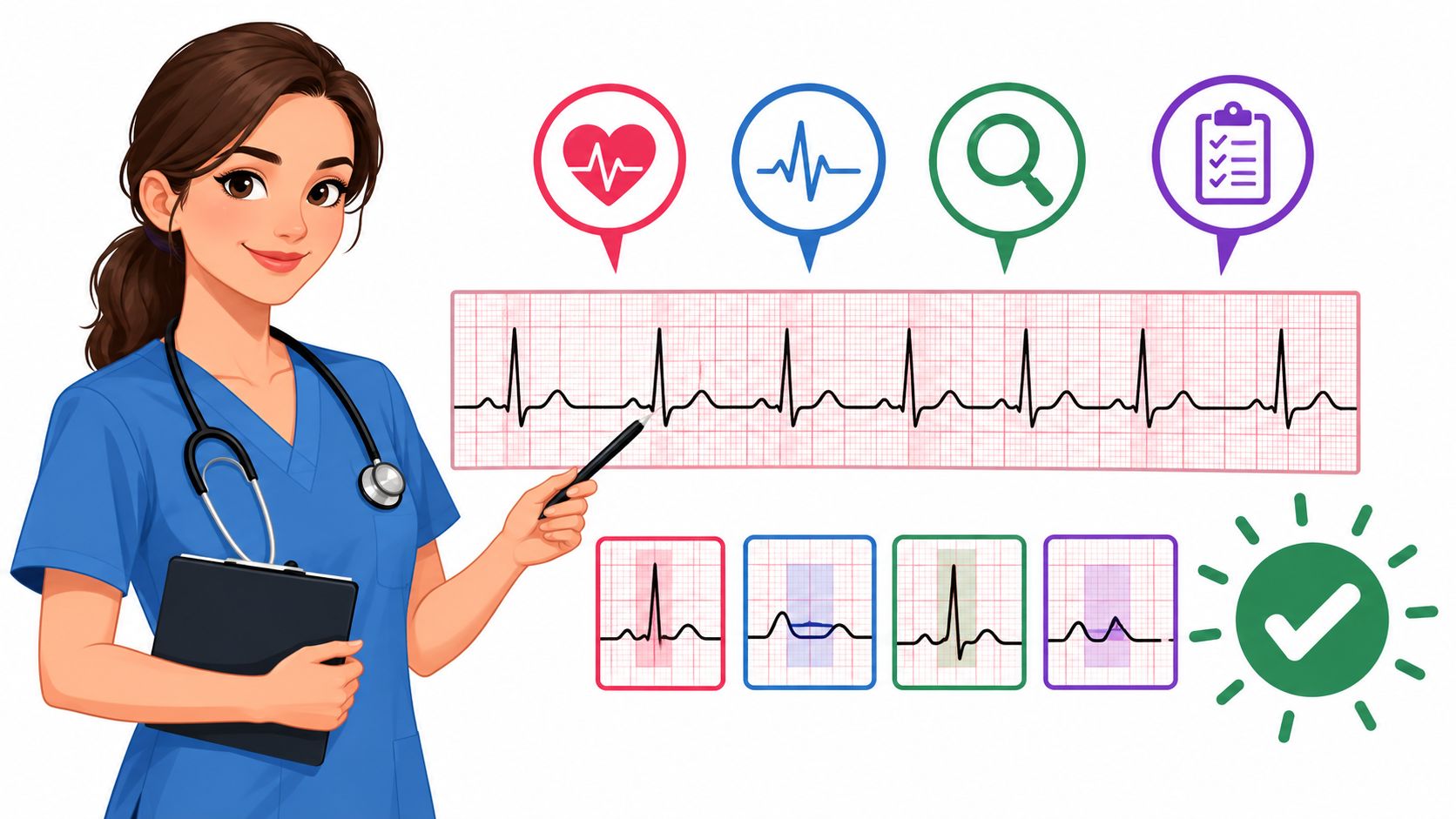 A professional nurse pointing at an EKG rhythm strip chart displaying signs of heart block mobitz 2.