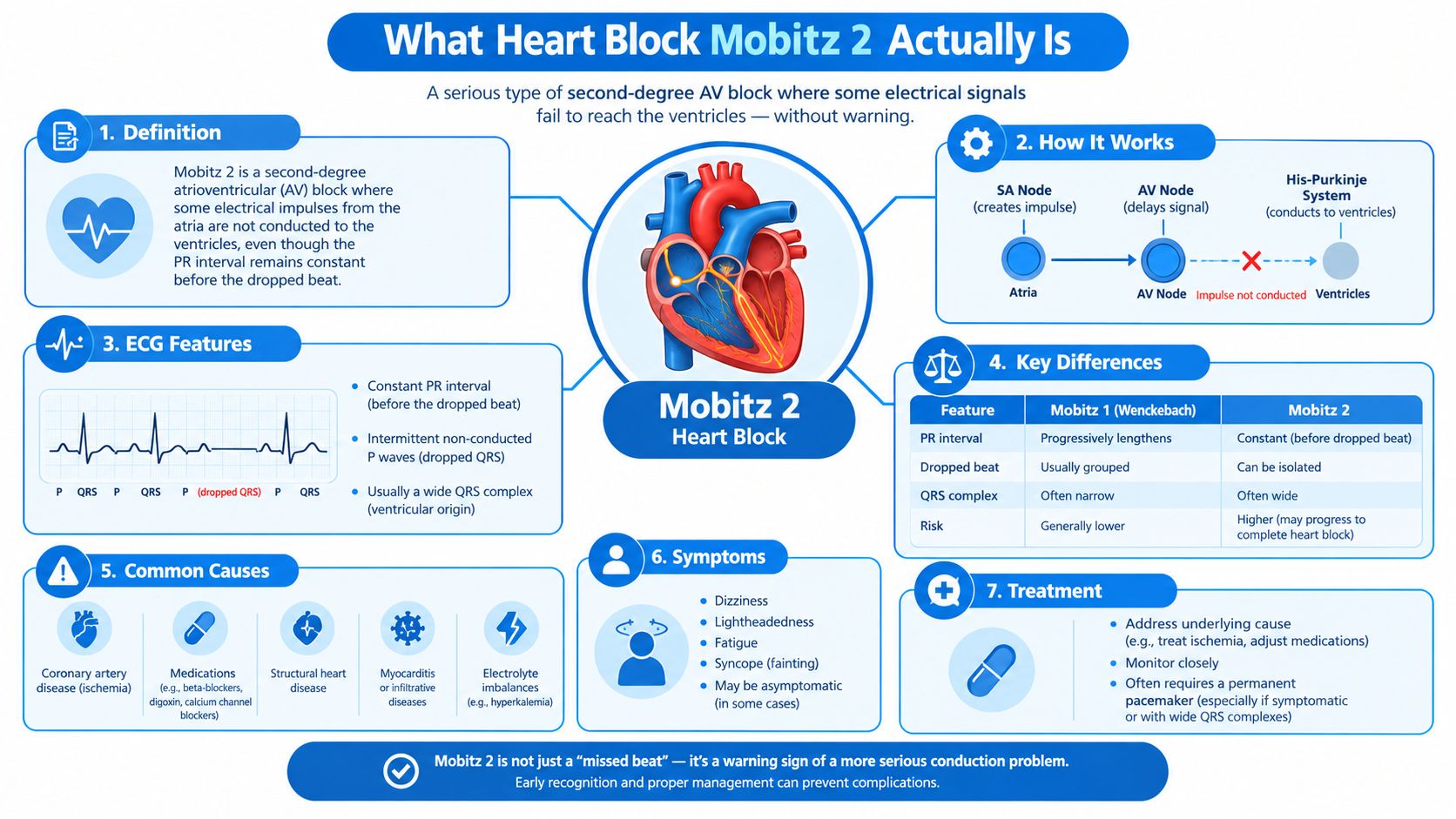 An infographic explaining the symptoms, causes, ECG features, and treatment for Mobitz 2 second-degree heart block.