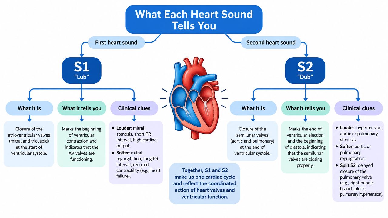 A flowchart explaining the heart sounds S1 and S2, detailing their causes, functions, and clinical implications.
