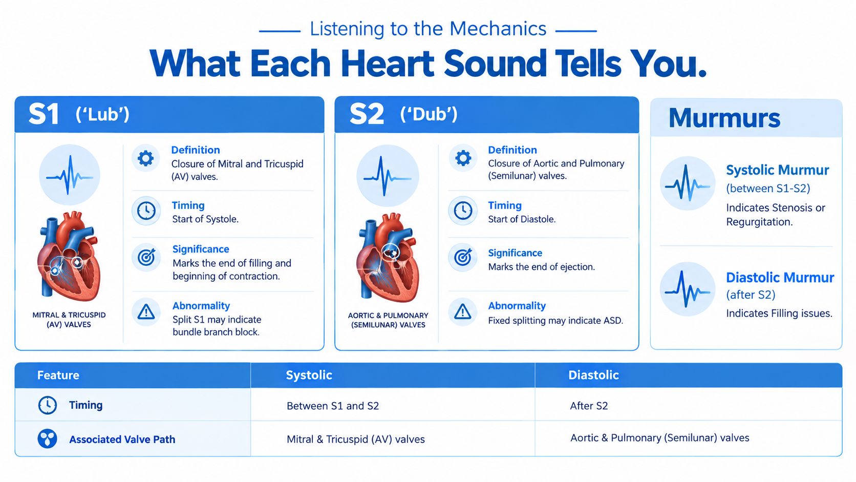 A detailed infographic explaining heart sounds, S1, S2, and systolic or diastolic murmurs for clinical understanding.