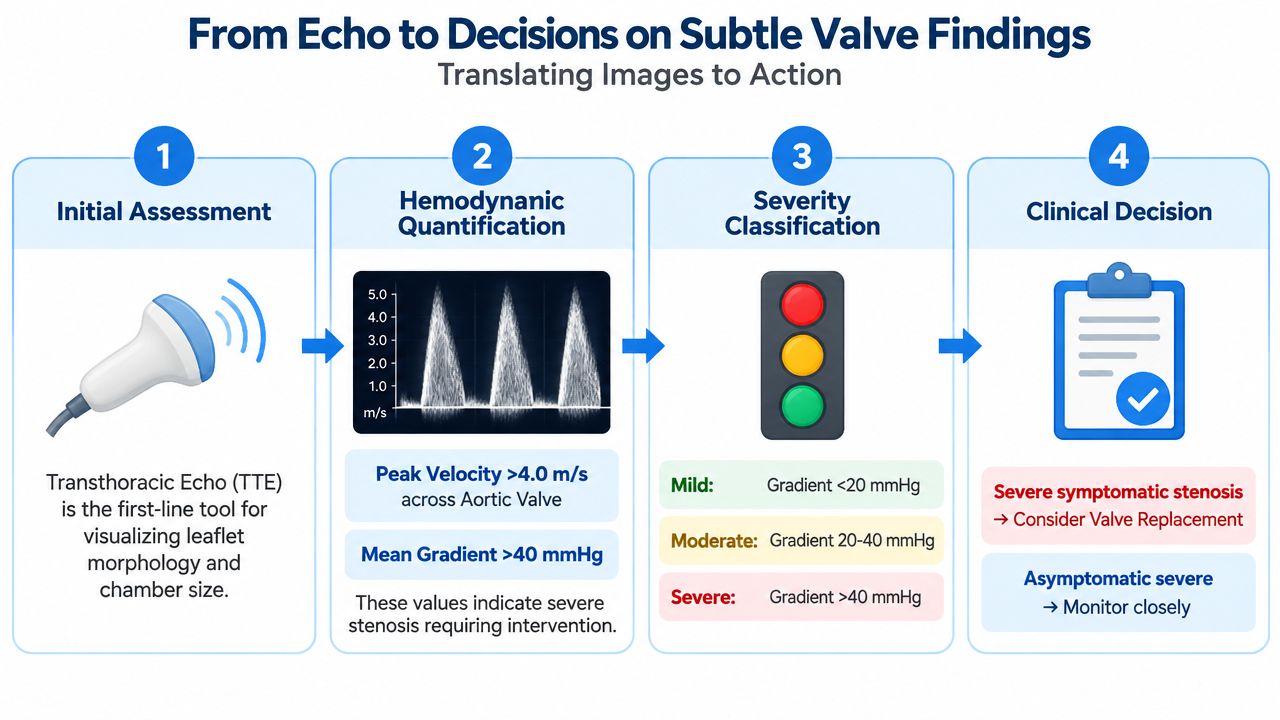 A clinical flowchart explaining the four stages of diagnosing and managing aortic valve stenosis via echocardiography.