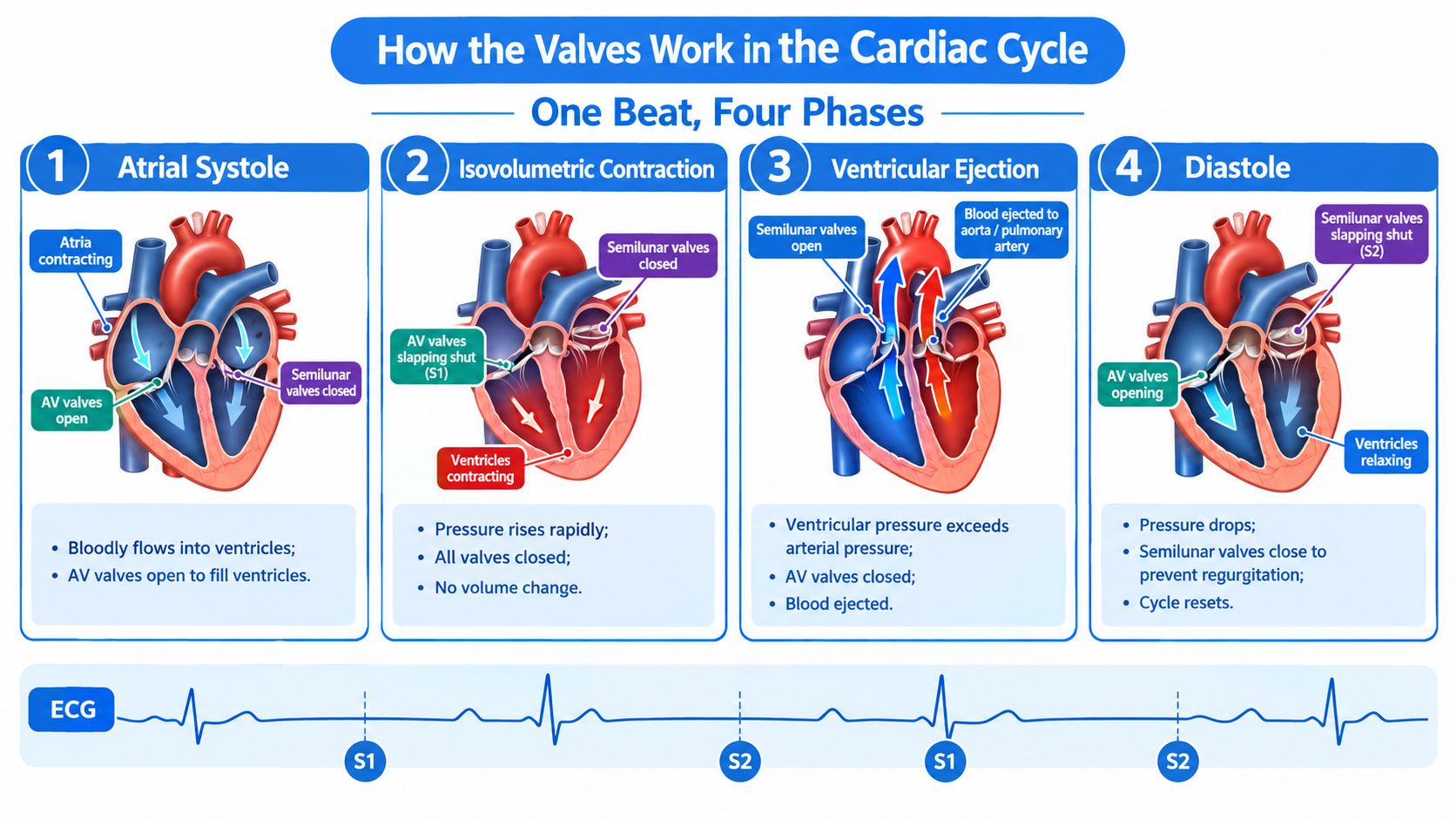 A diagram illustrating the four phases of the cardiac cycle, detailing heart valve activity and blood flow.