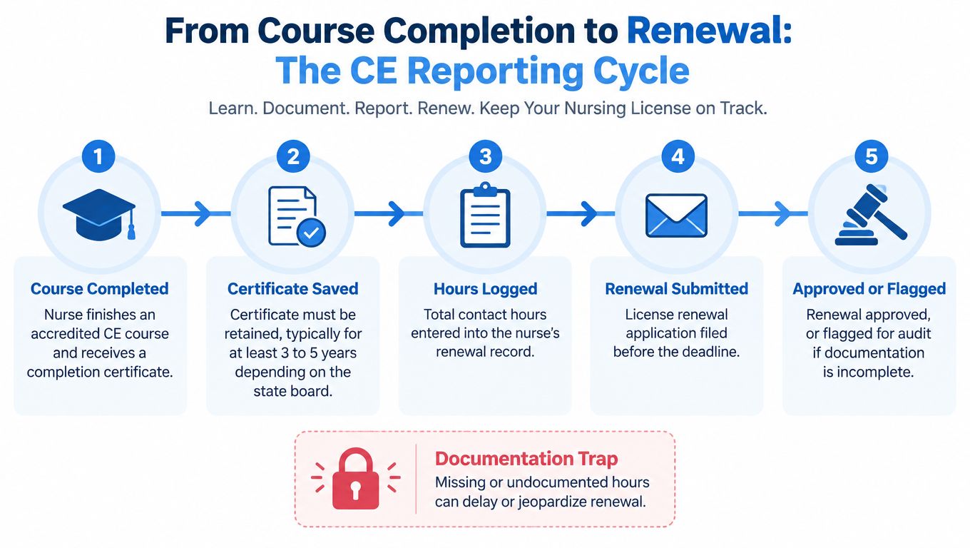 A five-step infographic illustrating the nursing continuing education reporting cycle from course completion to license renewal.