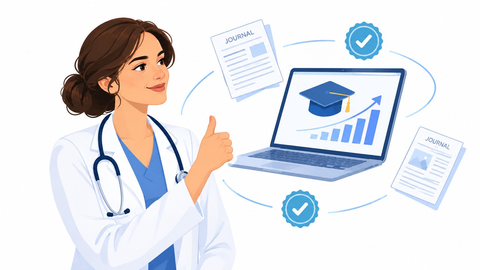A female doctor with a stethoscope giving a thumbs up next to a laptop displaying medical education graphics.