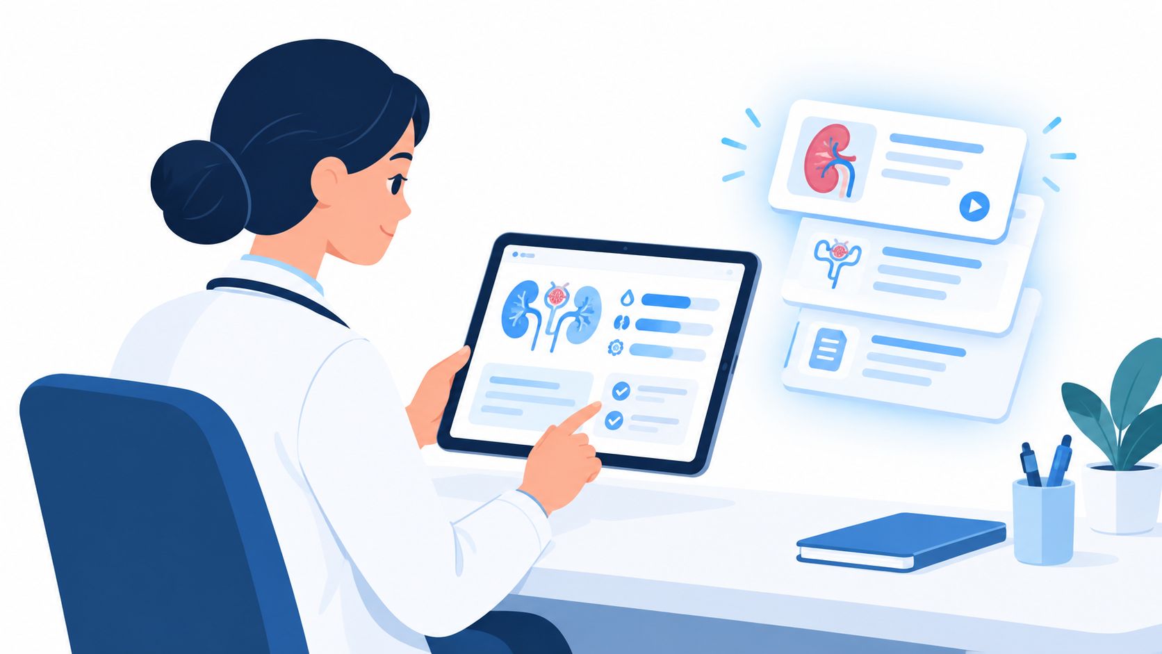 A female doctor in a white lab coat reviewing kidney-related medical data on a digital tablet screen.