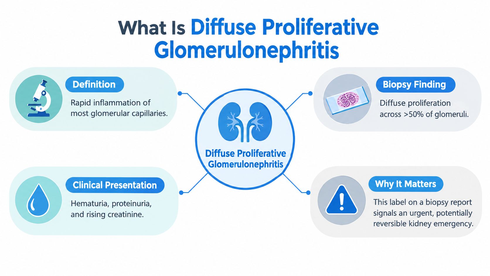 An infographic explaining the definition, biopsy findings, clinical presentation, and urgency of diffuse proliferative glomerulonephritis.