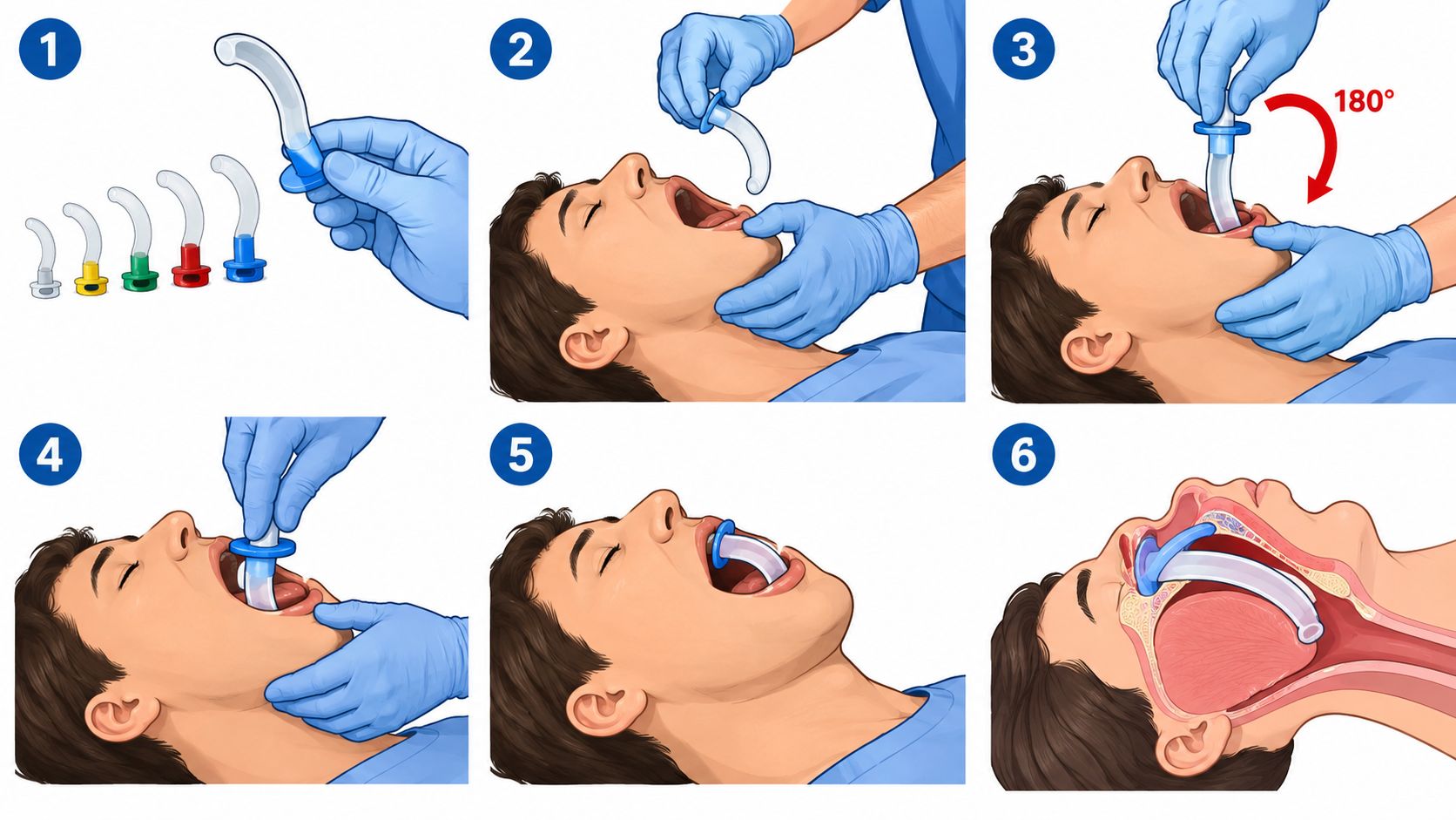 A six-step illustration demonstrating the proper medical procedure for inserting a Guedel oral airway into a patient.