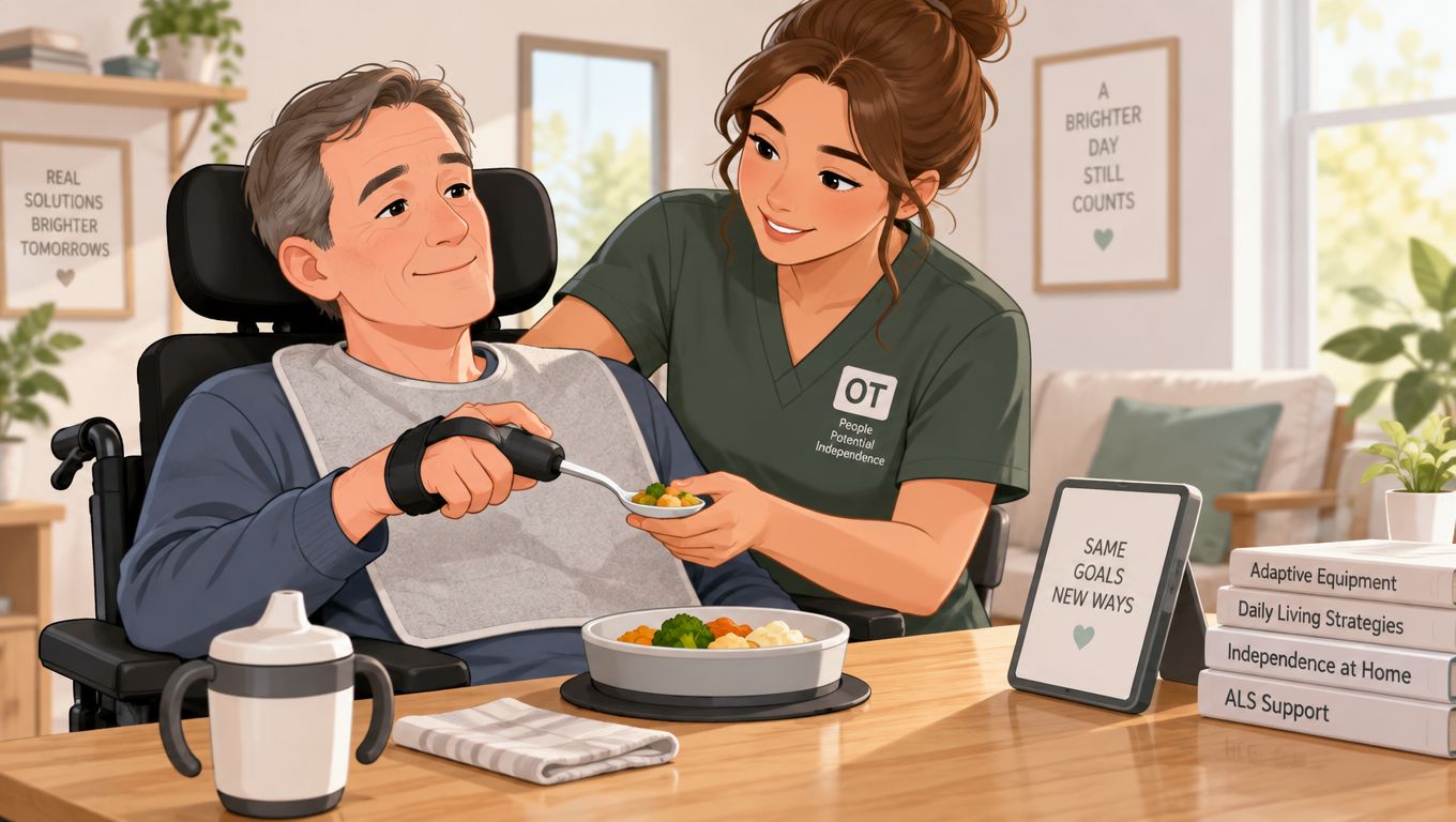 A professional occupational therapist helping an elderly man with ALS eat a meal using adaptive equipment.