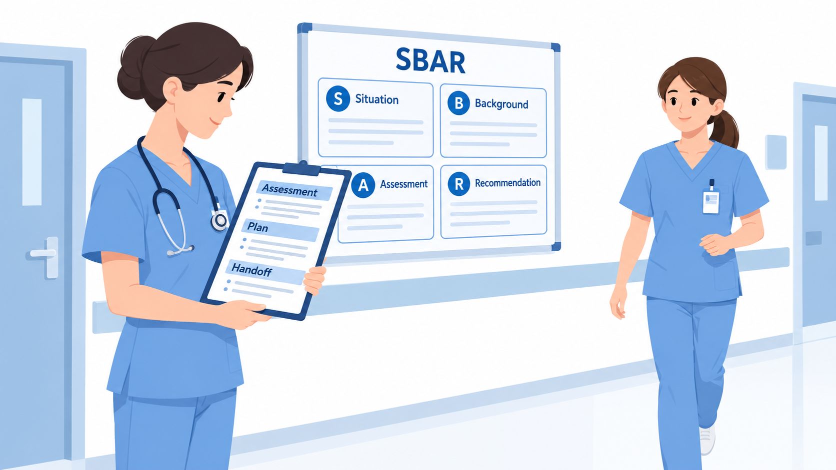 Two healthcare professionals standing in a hospital hallway with an SBAR communication framework chart on the wall.