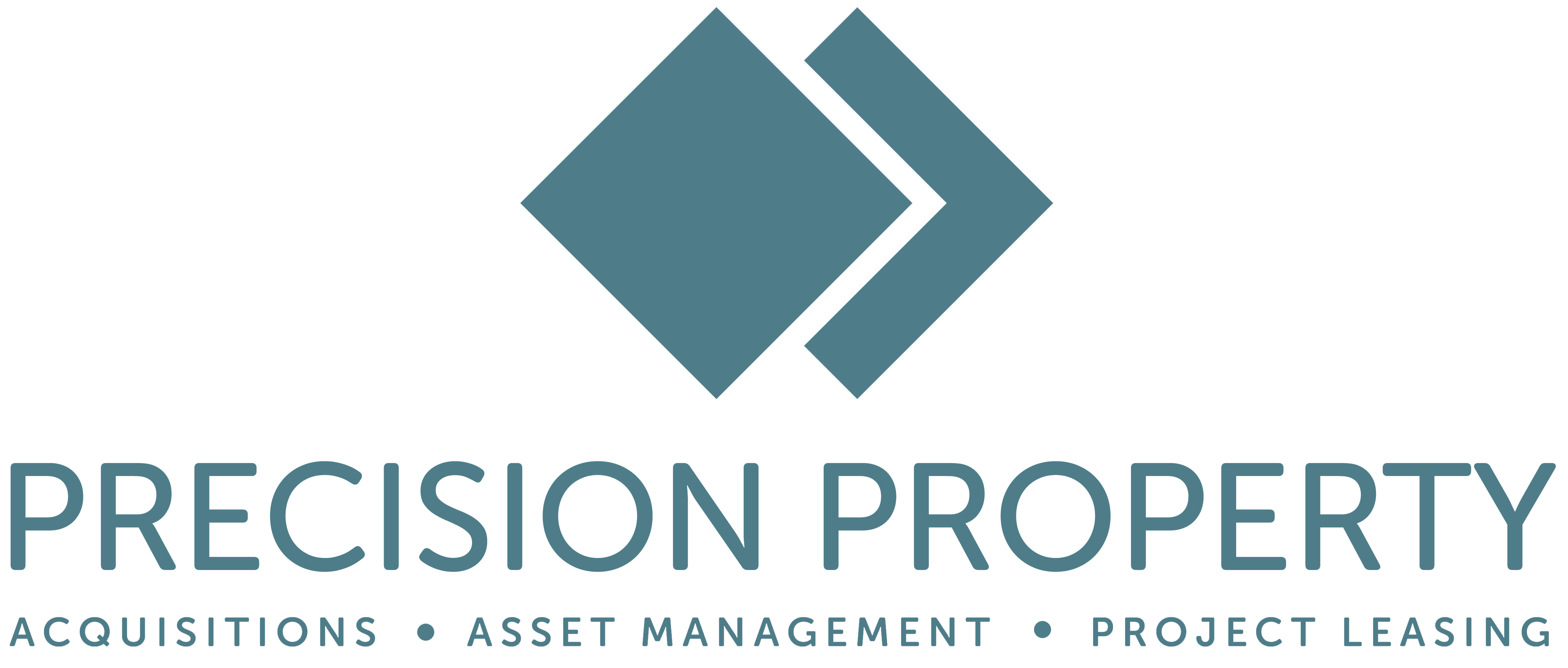Logo for Precision Property with a blue diamond and right arrow icon above the company name and services listed: acquisitions, asset management, project leasing.